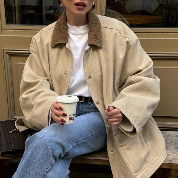 Khaki Casual Women's Loose  Corduroy ColorBlock Collar jacket - Picture 5 of 5